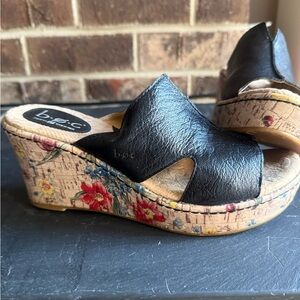 b.o.c. Black Leather Floral Cork Wedge Sandals